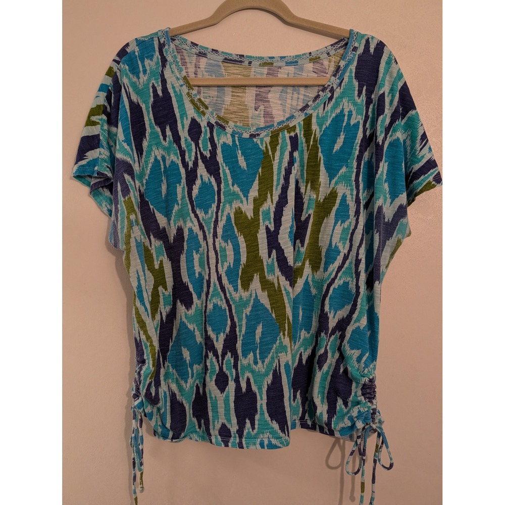 Lane Bryant Cool & Casual Cotton Slub Ikat Print Top Blue Green 18/20